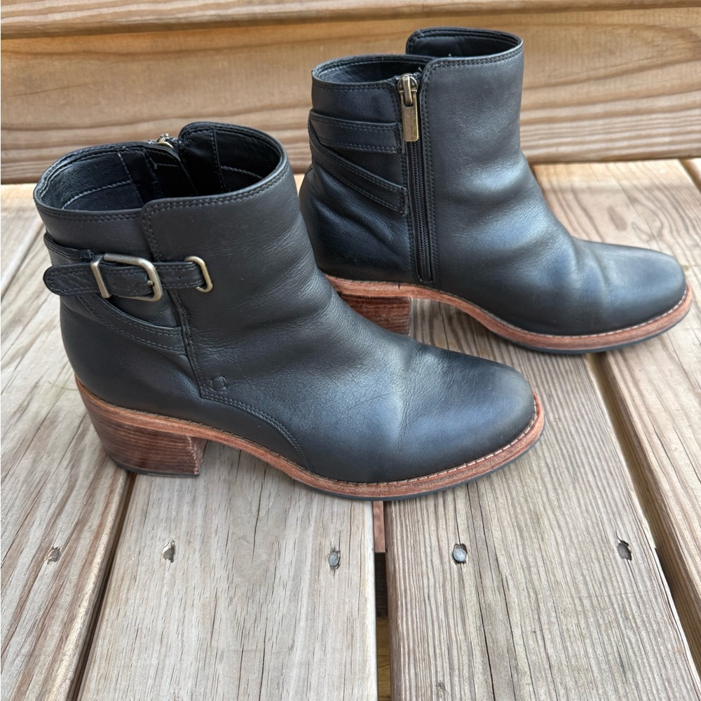 Clarks Black Leather Ankle Booties with Buckle